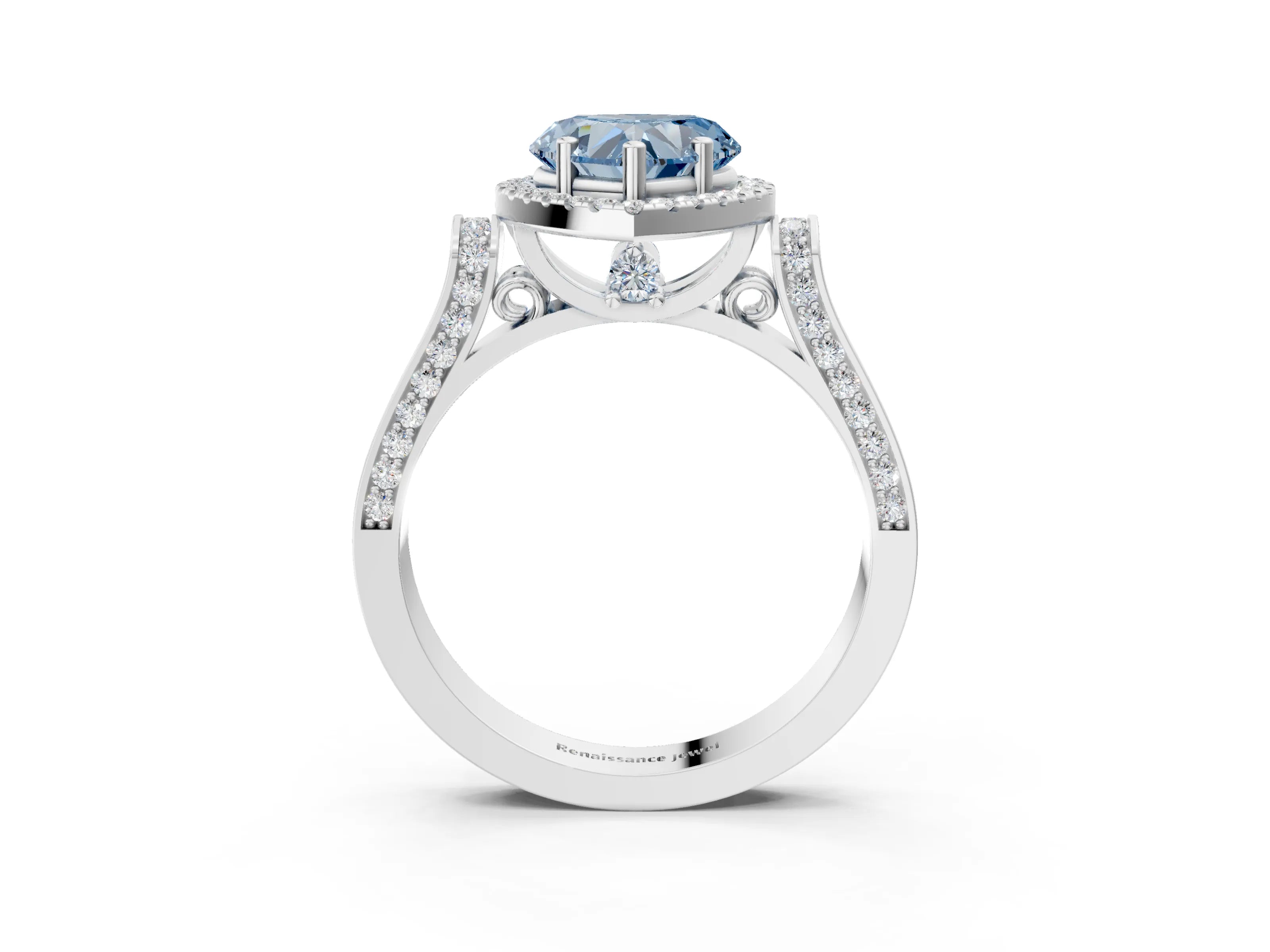 White gold Fancy Blue Heart Cut Halo Round Diamond Twist Band with Four-Prong Setting_27
