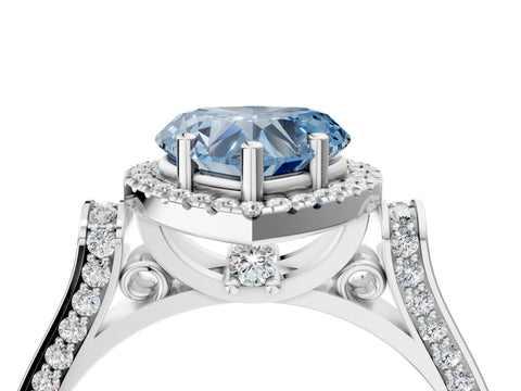 White gold Fancy Blue Heart Cut Halo Round Diamond Twist Band with Four-Prong Setting_28