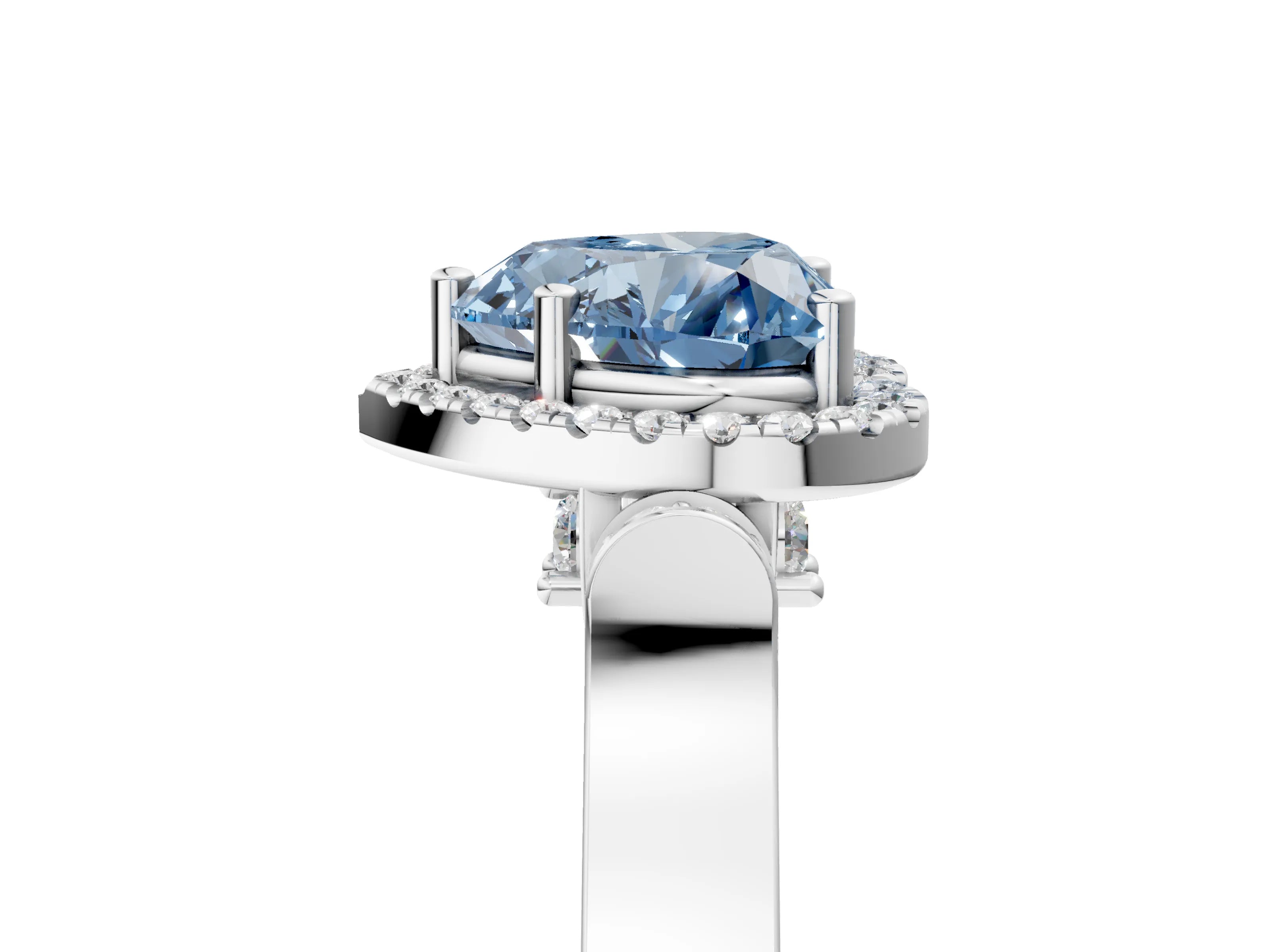 White gold Fancy Blue Heart Cut Halo Round Diamond Twist Band with Four-Prong Setting_29