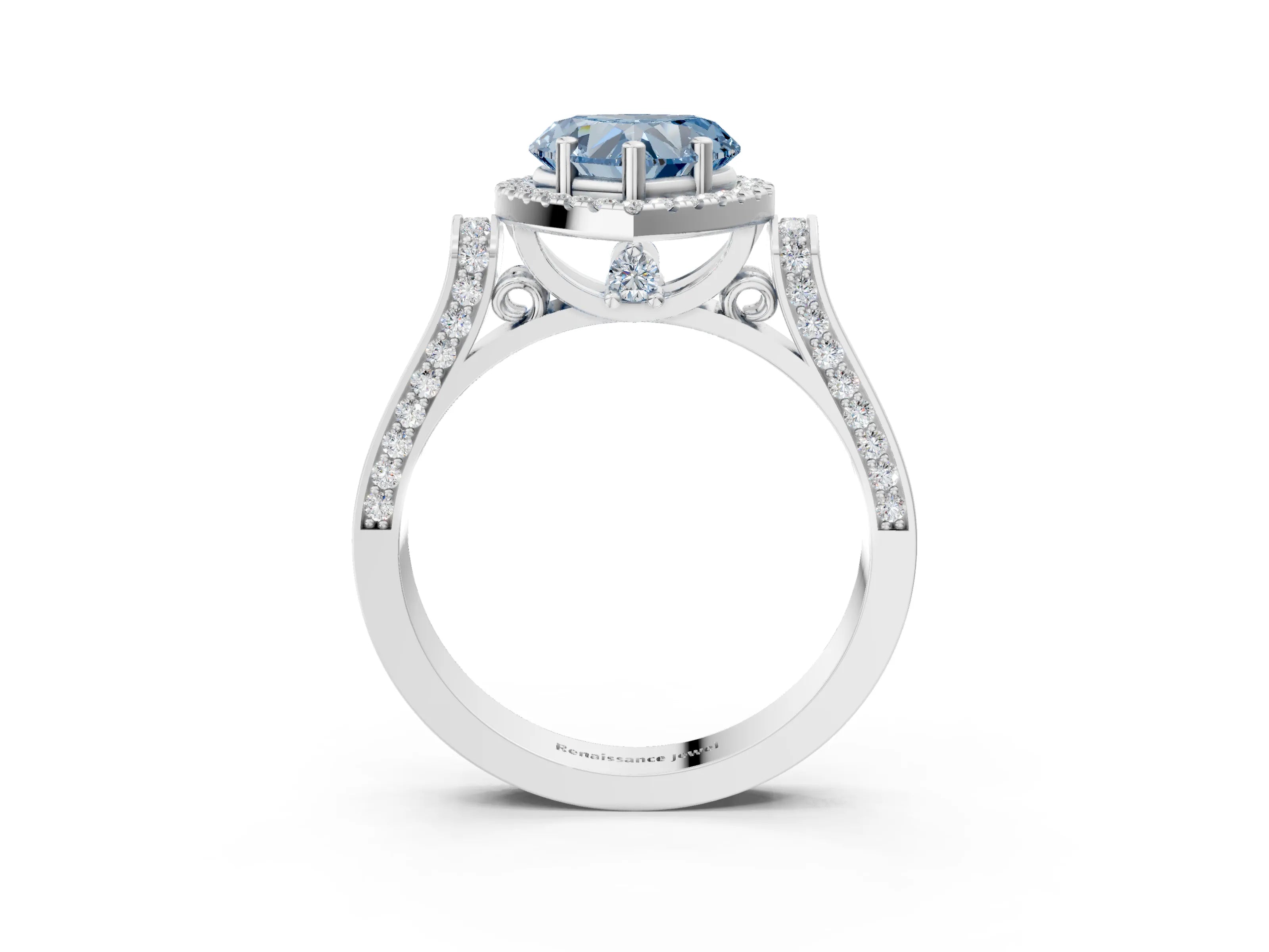 White gold Fancy Blue Heart Cut Halo Round Diamond Twist Band with Four-Prong Setting_3
