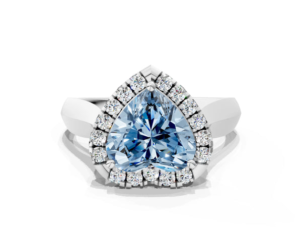 Platinum Fancy Blue Heart  Cut Halo Solitaire Engagement Ring with Square Band and Four-Prong Setting