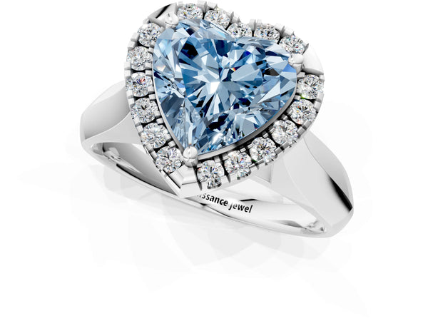 Platinum Fancy Blue Heart  Cut Halo Solitaire Engagement Ring with Square Band and Four-Prong Setting