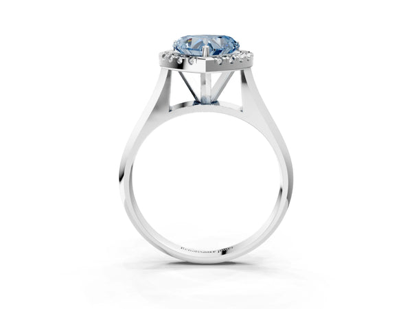 Platinum Fancy Blue Heart  Cut Halo Solitaire Engagement Ring with Square Band and Four-Prong Setting