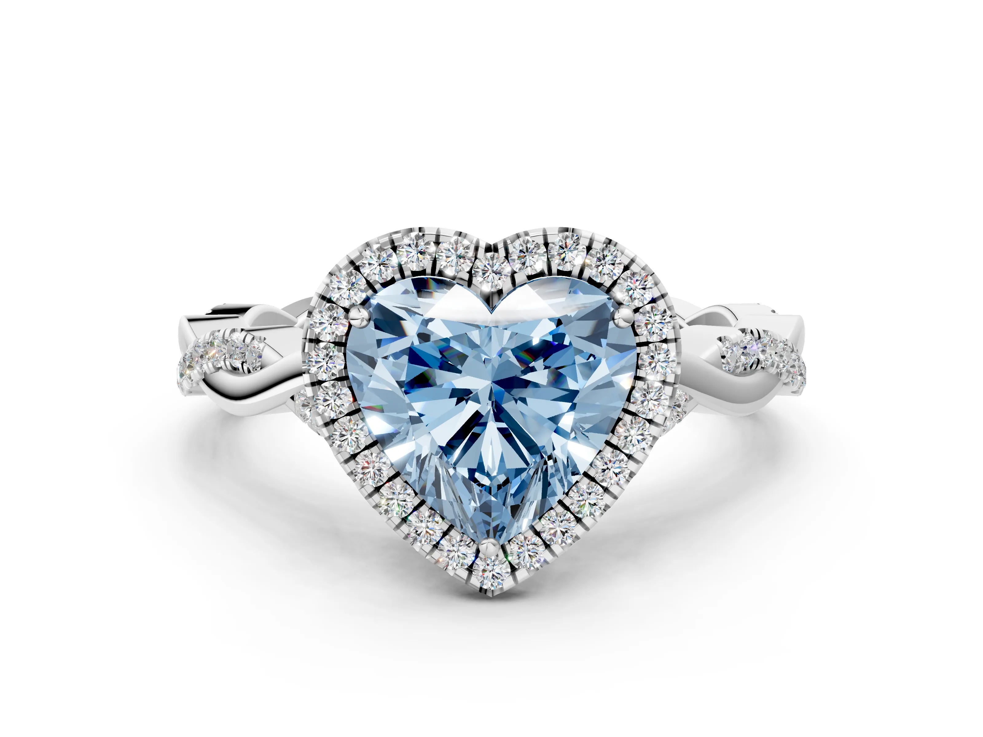 White gold Fancy Blue Heart Cut Halo Twist Band with Four-Prong Setting