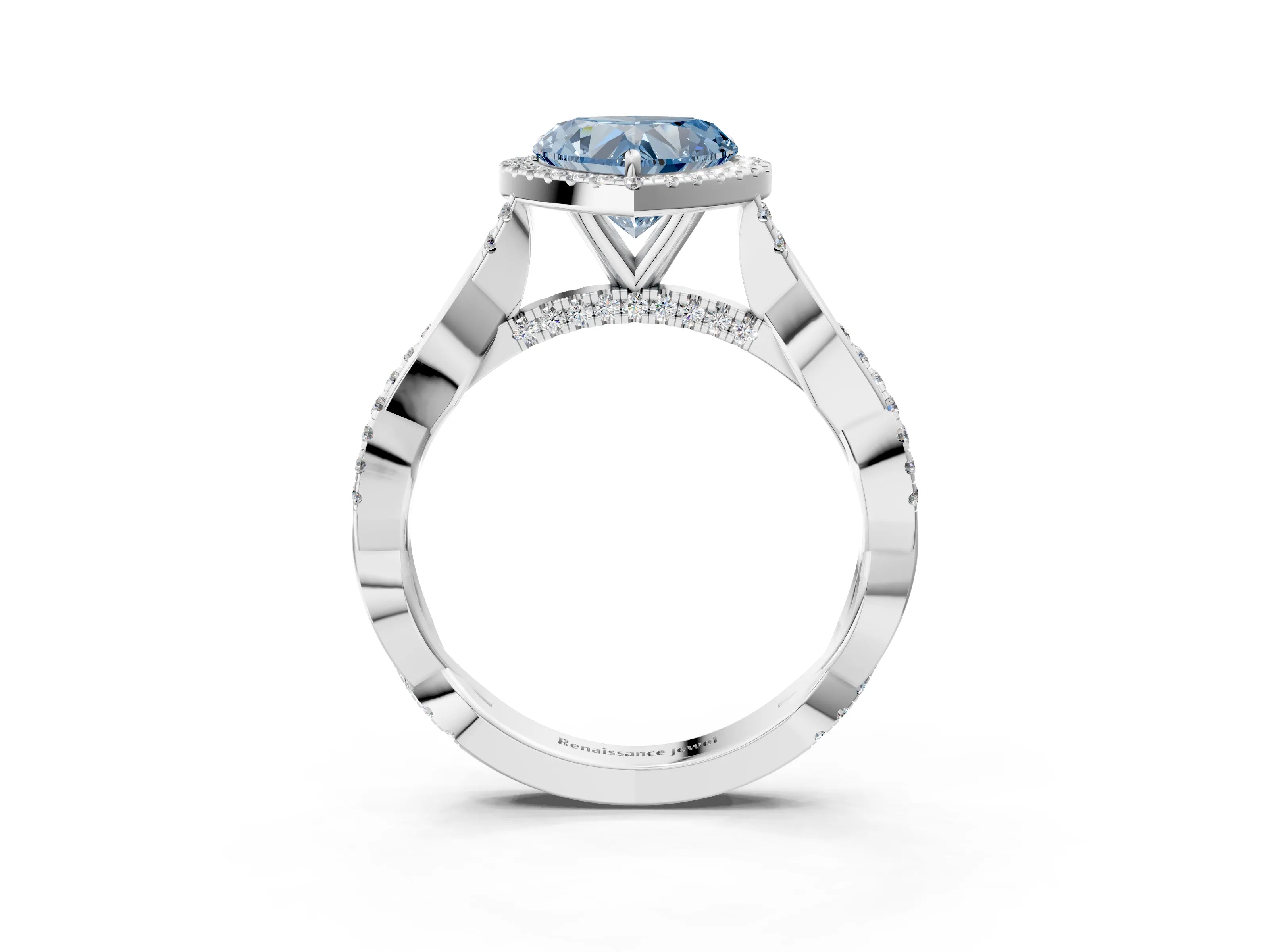 White gold Fancy Blue Heart Cut Halo Twist Band with Four-Prong Setting_3