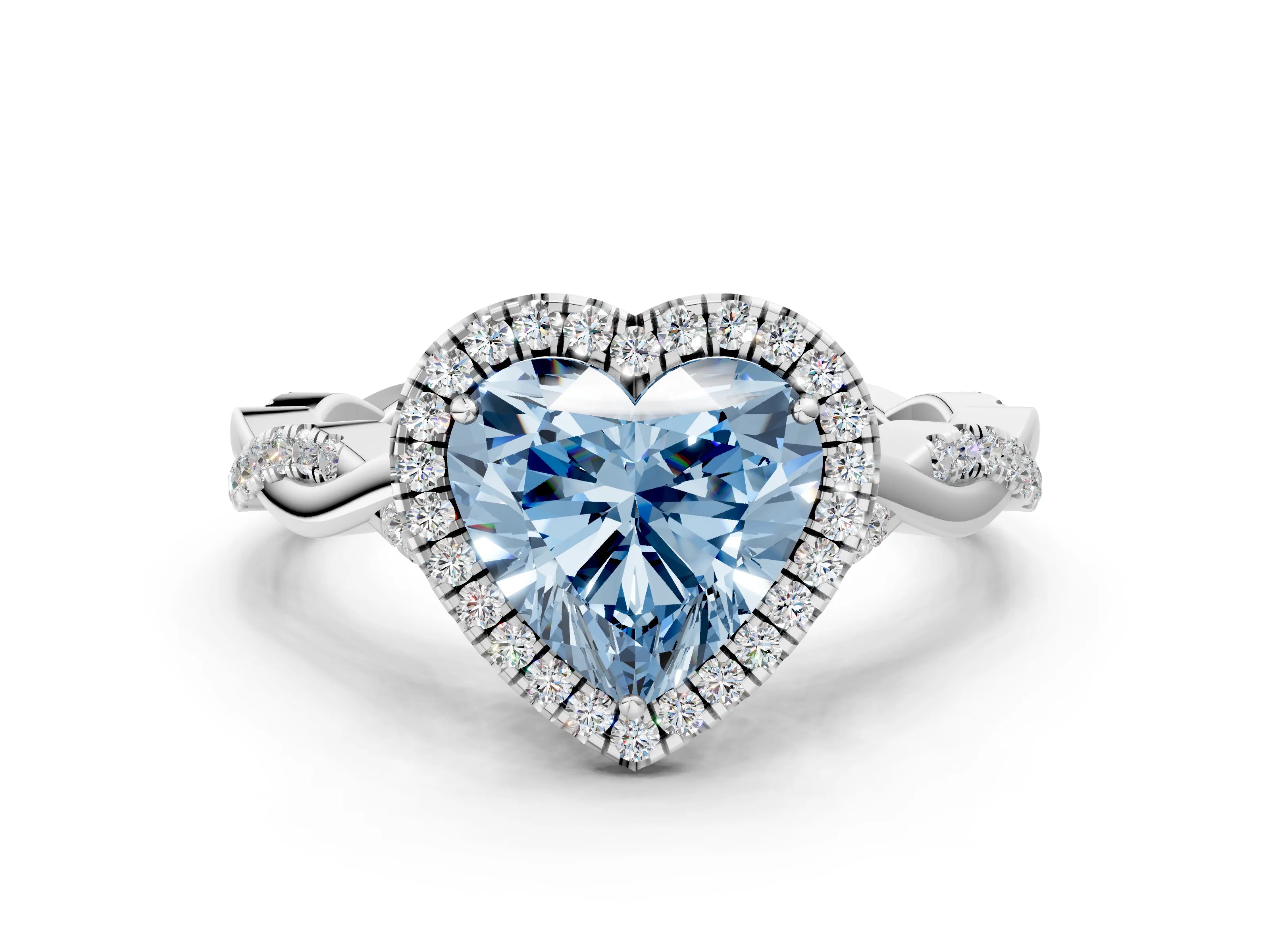 White gold Fancy Blue Heart Cut Halo Twist Band with Four-Prong Setting_72