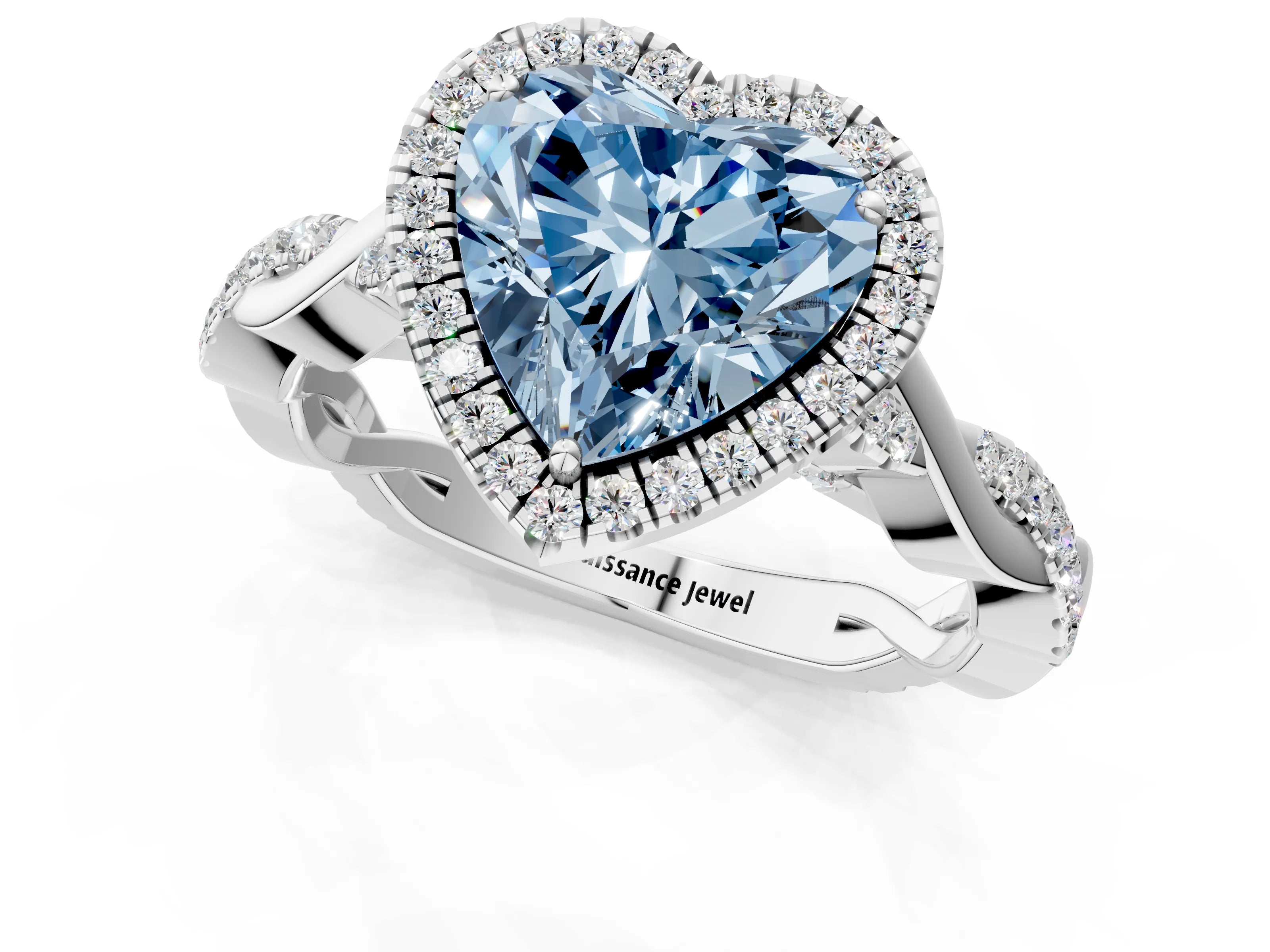 White gold Fancy Blue Heart Cut Halo Twist Band with Four-Prong Setting_73