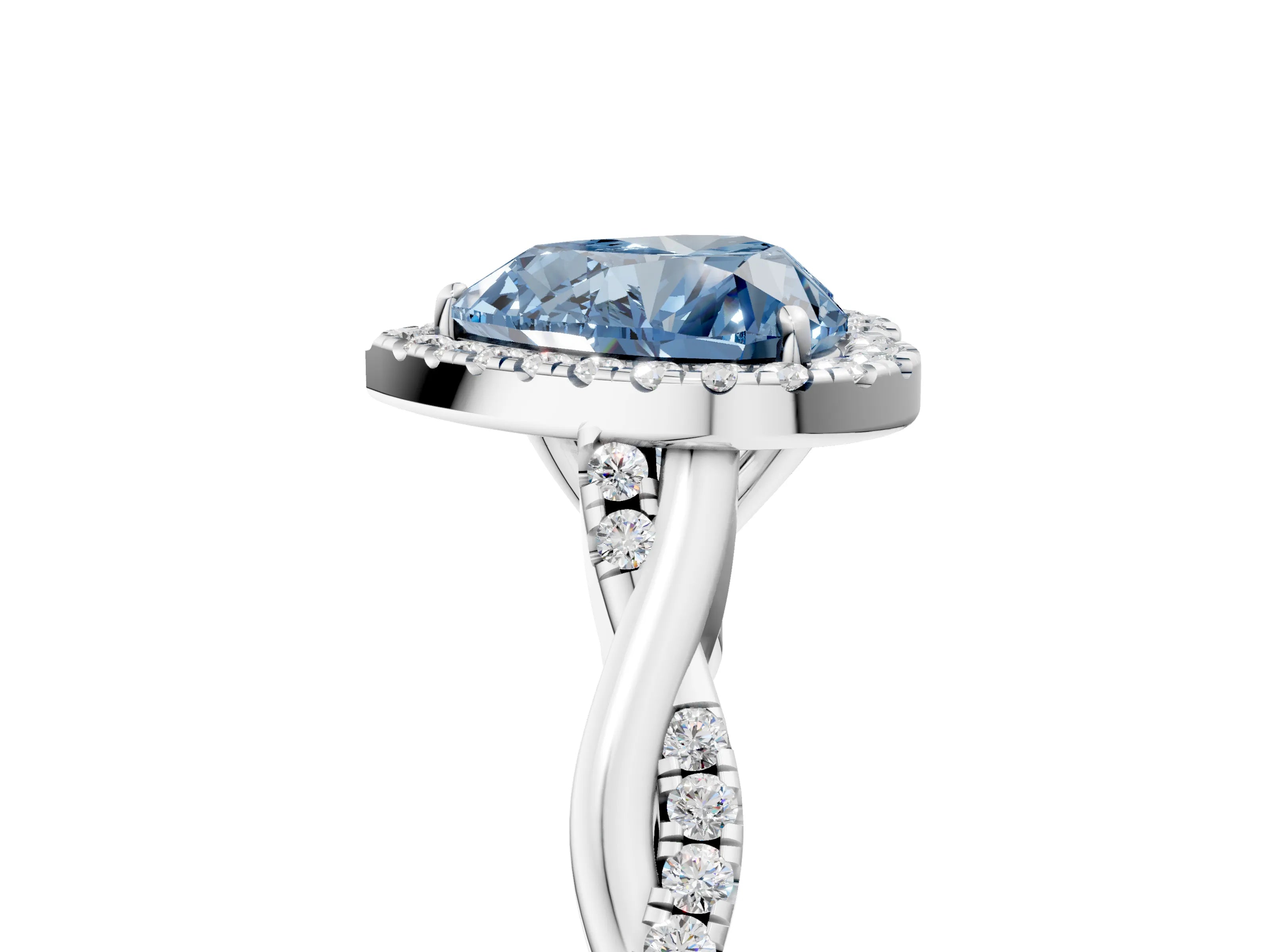 White gold Fancy Blue Heart Cut Halo Twist Band with Four-Prong Setting_77