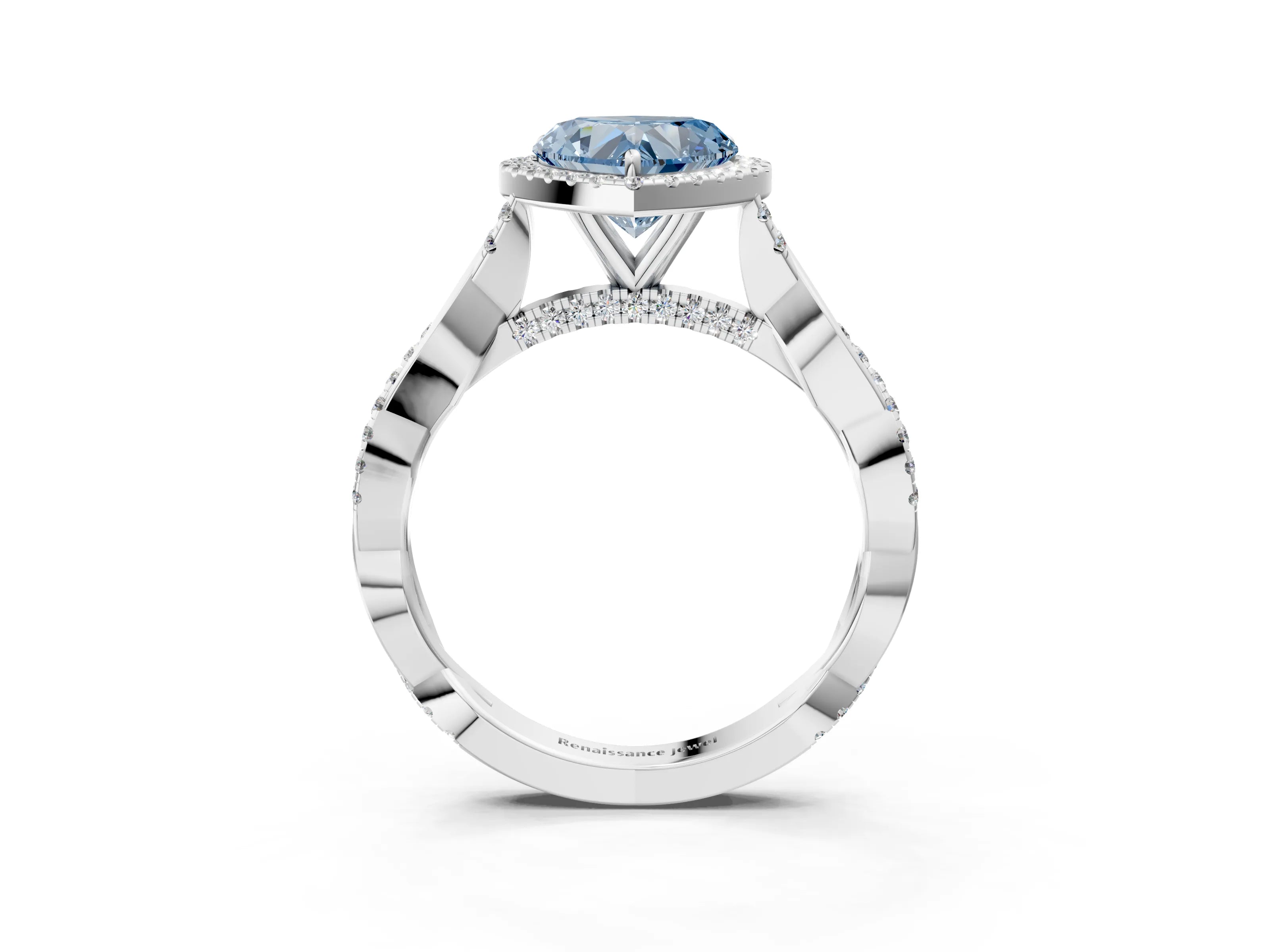 White gold Fancy Blue Heart Cut Halo Twist Band with Four-Prong Setting_77
