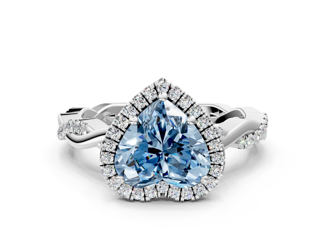 White gold Fancy Blue Heart  Cut Halo Twisted Band Four-Prong Ring_20