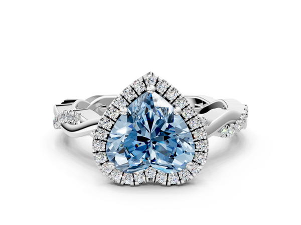 White gold Fancy Blue Heart  Cut Halo Twisted Band Four-Prong Ring