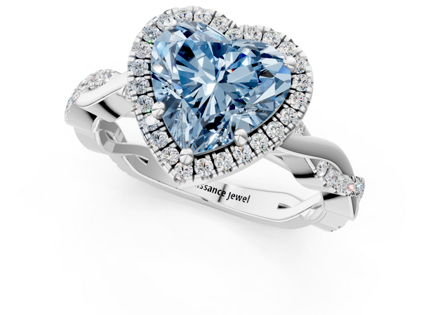 White gold Fancy Blue Heart  Cut Halo Twisted Band Four-Prong Ring