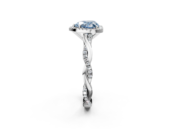 White gold Fancy Blue Heart  Cut Halo Twisted Band Four-Prong Ring