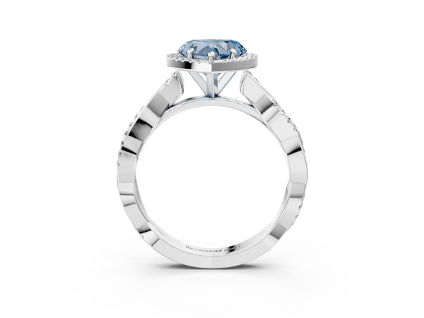White gold Fancy Blue Heart  Cut Halo Twisted Band Four-Prong Ring