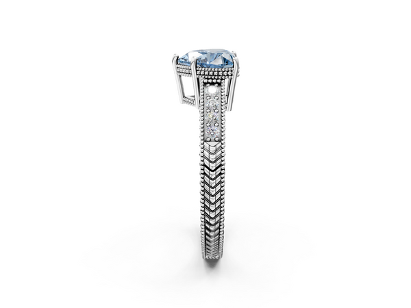 White gold Fancy Blue Heart Cut Diamond Engagement Ring with Milgrain Channel Set Band and Prong Setting