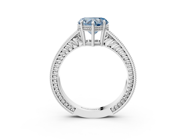White gold Fancy Blue Heart Cut Diamond Engagement Ring with Milgrain Channel Set Band and Prong Setting