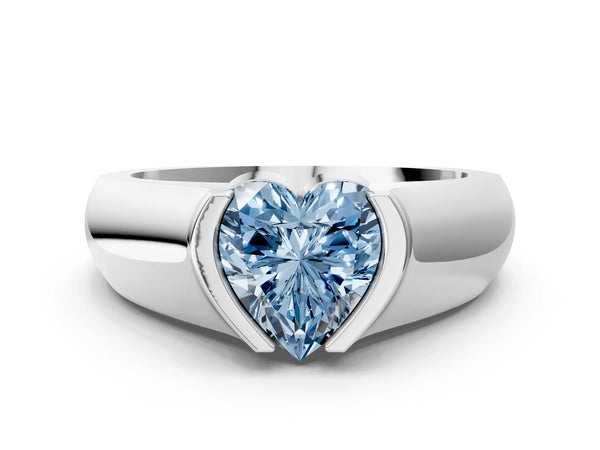 White gold Fancy Blue Heart Cut Solitaire Bezel Set Diamond Ring with Wide Band