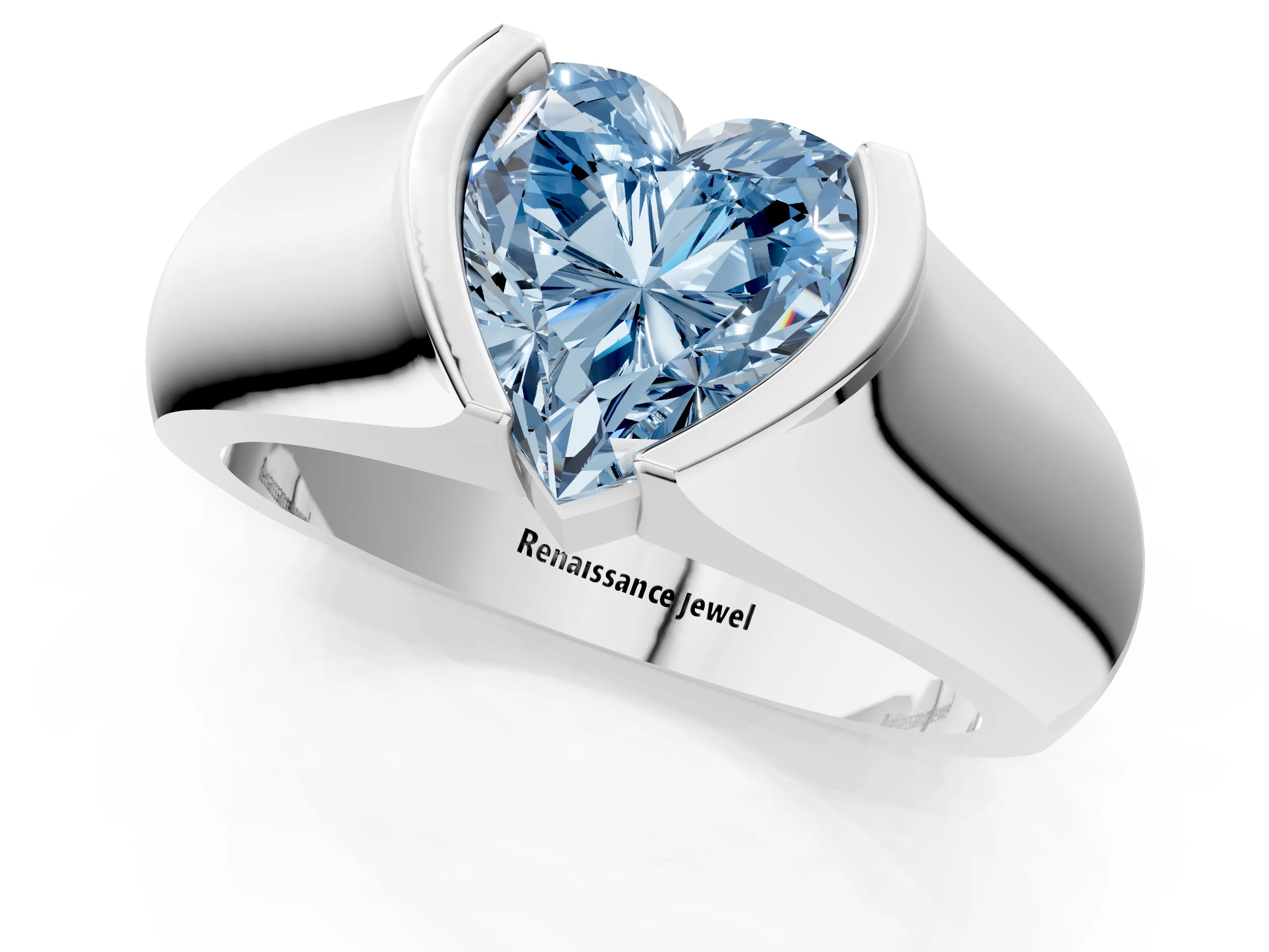 White gold Fancy Blue Heart Cut Solitaire Bezel Set Diamond Ring with Wide Band_13