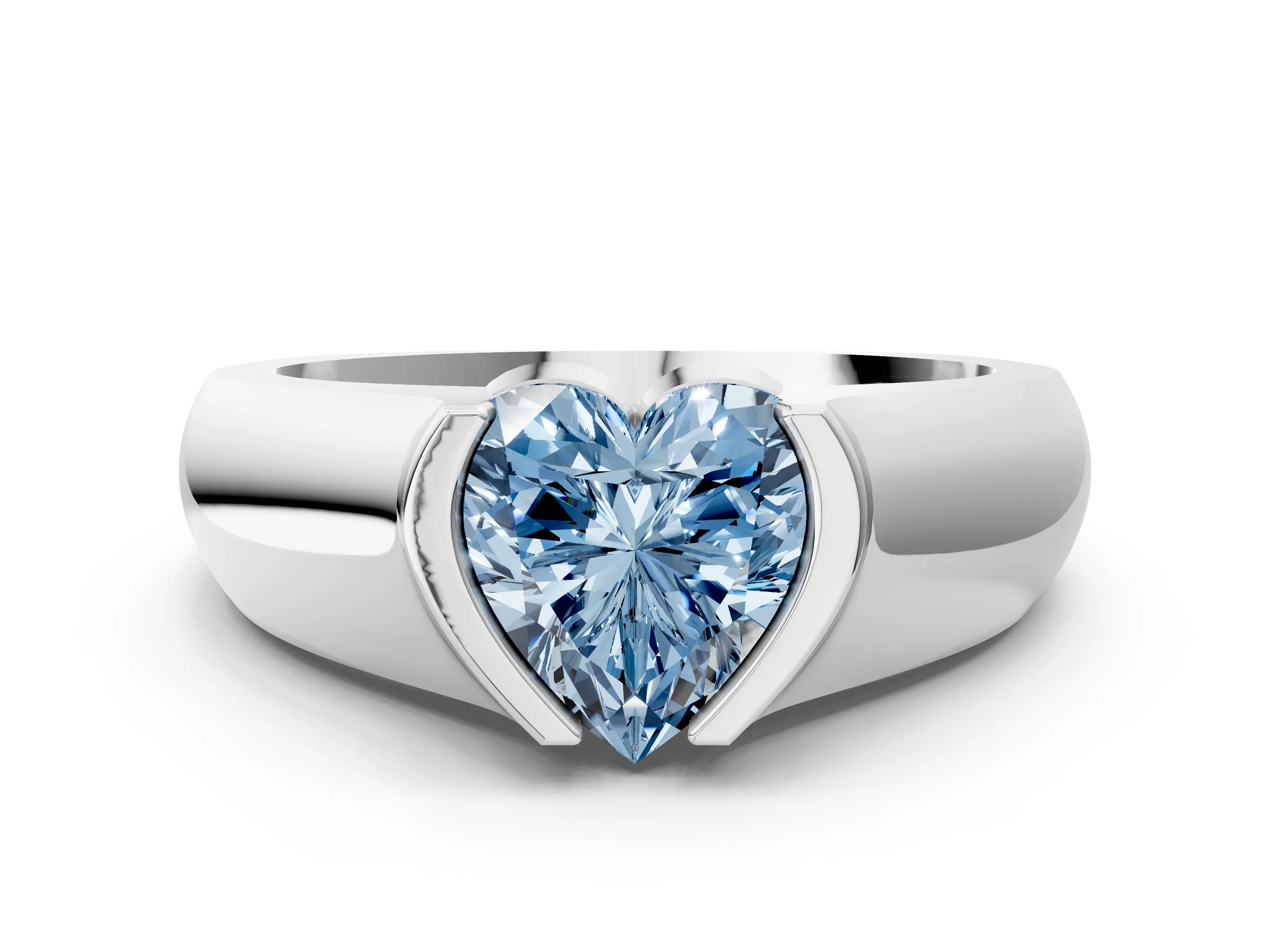 White gold Fancy Blue Heart Cut Solitaire Bezel Set Diamond Ring with Wide Band