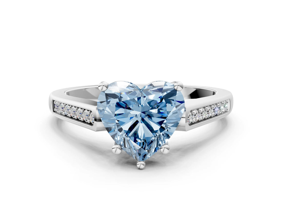 White gold Fancy Blue Heart Cut Solitaire Cathedral Diamond Engagement Ring with Channel-Set Band and Four-Prong Setting_15