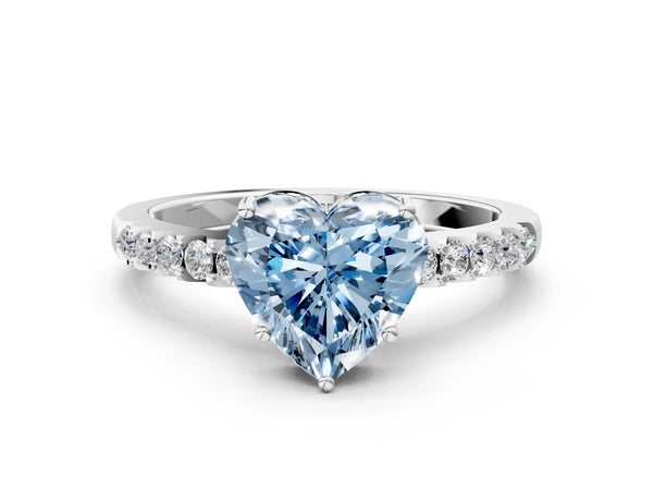 White gold Fancy Blue Heart Cut Solitaire Diamond Engagement Ring with Pavé Band and Six-Prong Setting