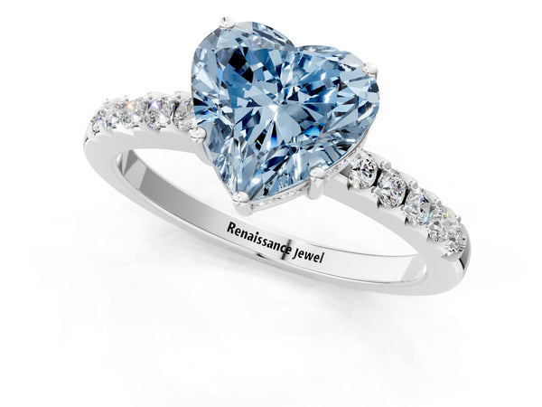 White gold Fancy Blue Heart Cut Solitaire Diamond Engagement Ring with Pavé Band and Six-Prong Setting