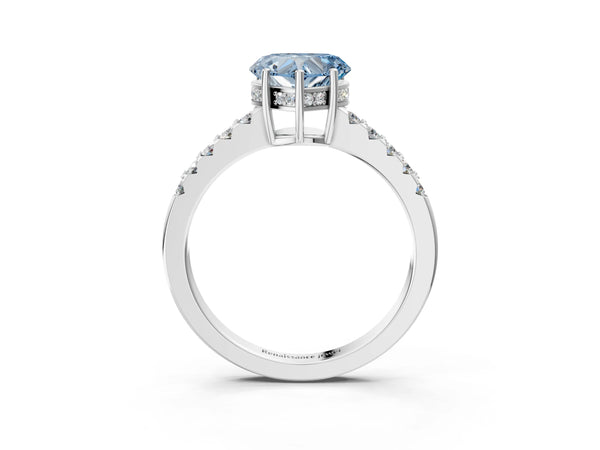 White gold Fancy Blue Heart Cut Solitaire Diamond Engagement Ring with Pavé Band and Six-Prong Setting