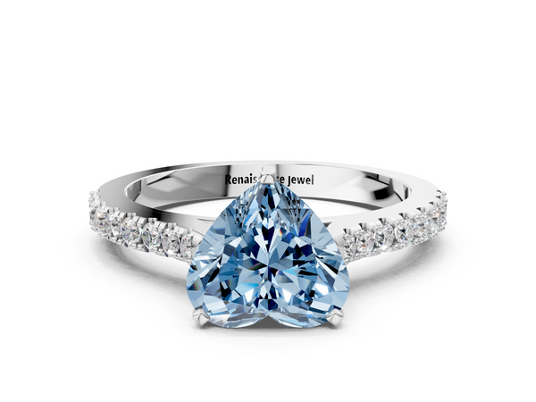 Platinum Fancy Blue Heart  Cut Solitaire Diamond Engagement Ring with Pave Band and Four-Prong Setting