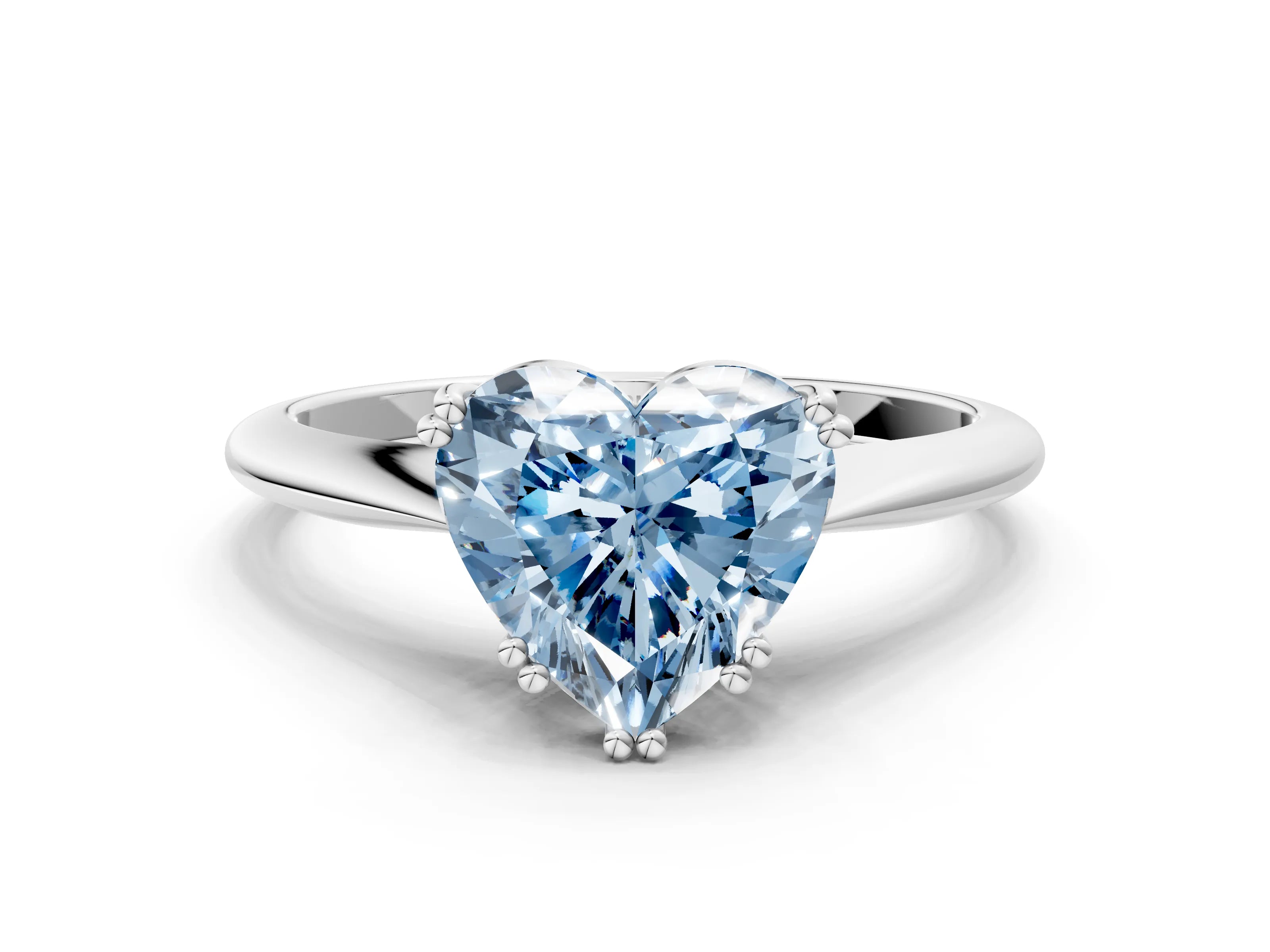White gold Fancy Blue Heart Cut Solitaire Diamond Ring with Six-Prong Setting and Classic Band