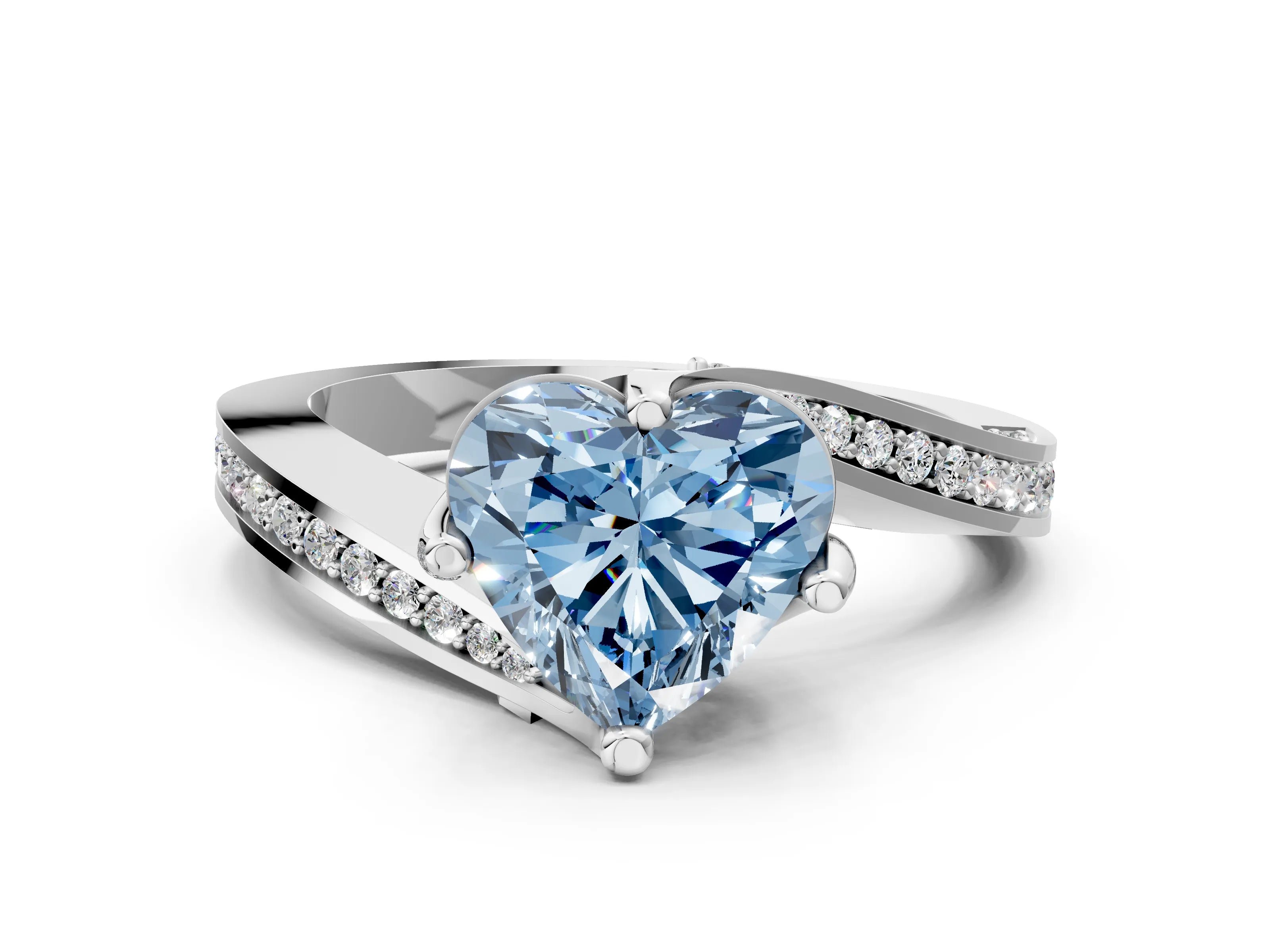 White gold Fancy Blue Heart Cut Solitaire Diamond Twist Band with Pavé Setting and Four-Prong Setting_12