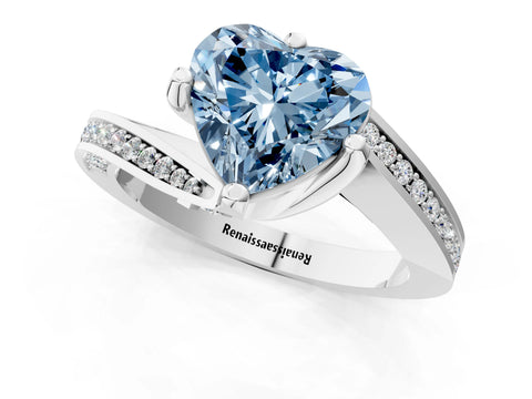 White gold Fancy Blue Heart Cut Solitaire Diamond Twist Band with Pavé Setting and Four-Prong Setting_13