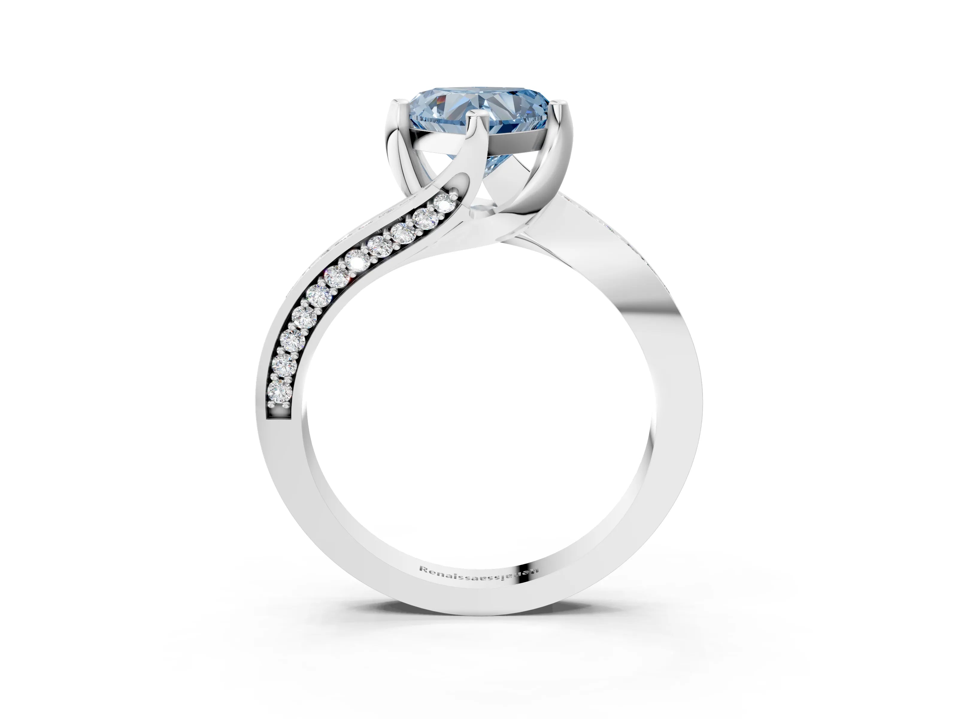 White gold Fancy Blue Heart Cut Solitaire Diamond Twist Band with Pavé Setting and Four-Prong Setting_15