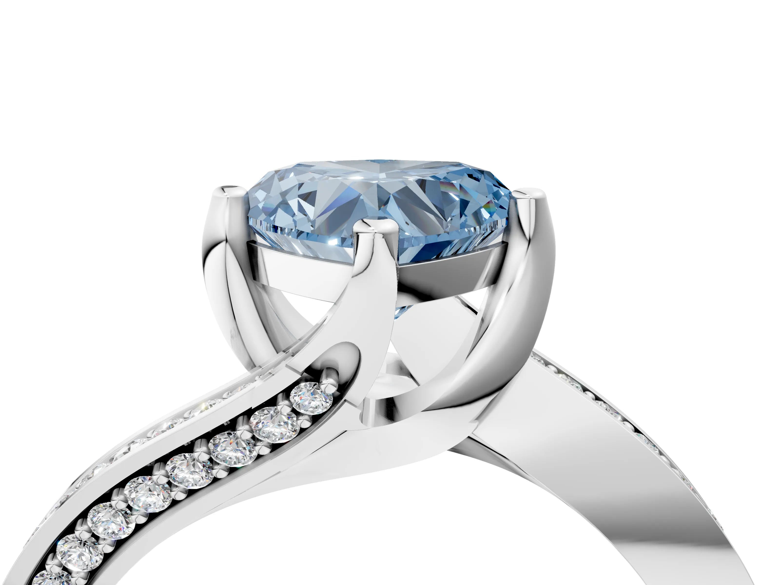 White gold Fancy Blue Heart Cut Solitaire Diamond Twist Band with Pavé Setting and Four-Prong Setting_16