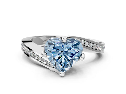White gold Fancy Blue Heart Cut Solitaire Diamond Twist Band with Pavé Setting and Four-Prong Setting