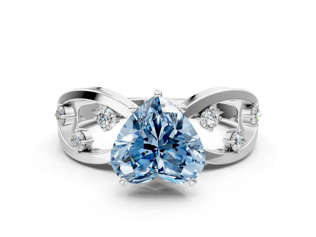 White gold Fancy Blue Heart  Cut Solitaire Diamond with Side Stones on Criss-Cross Band and Four-Prong Setting_3