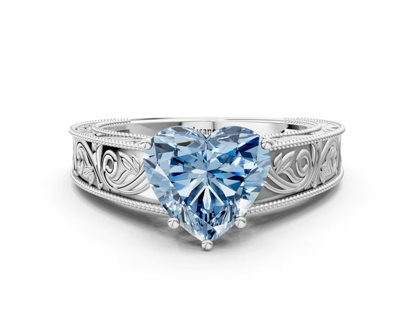 Platinum Heart-Shaped Vintage Engraved Solitaire Engagement Ring Setting for Fancy Blue Center