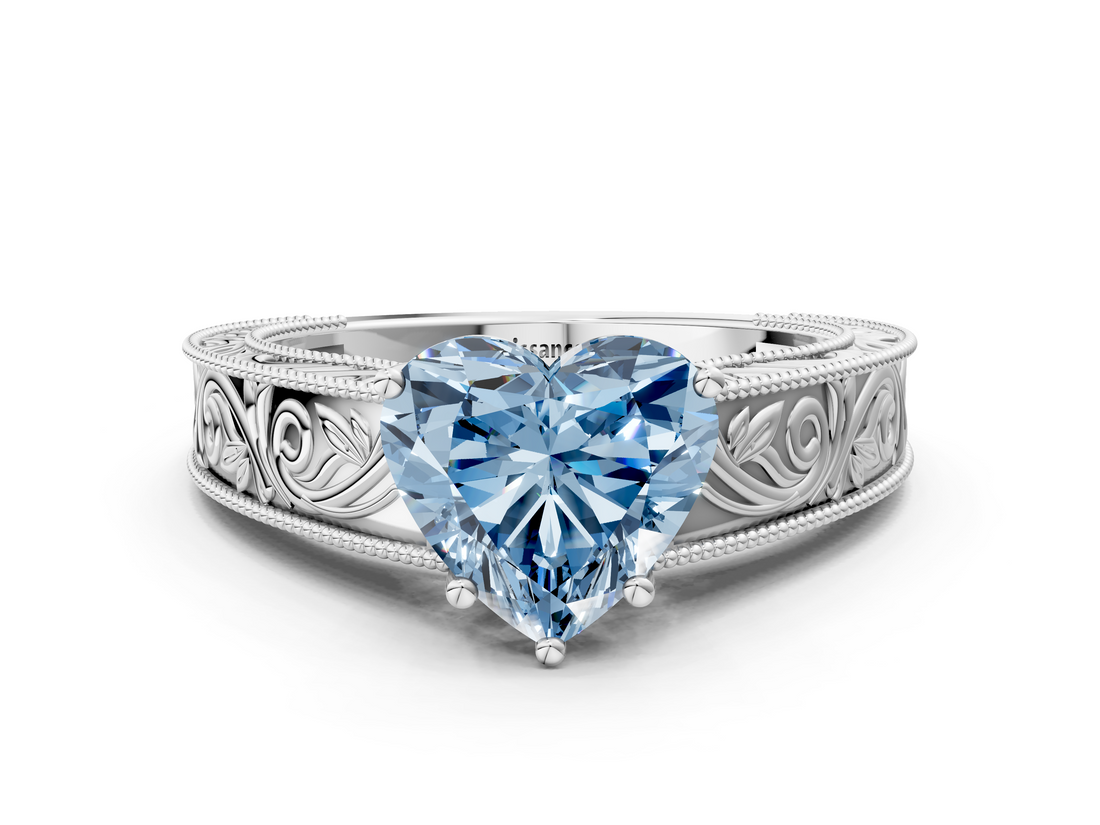 White gold Fancy Blue Heart  Cut Solitaire Engraved Band with Four-Prong Setting_58