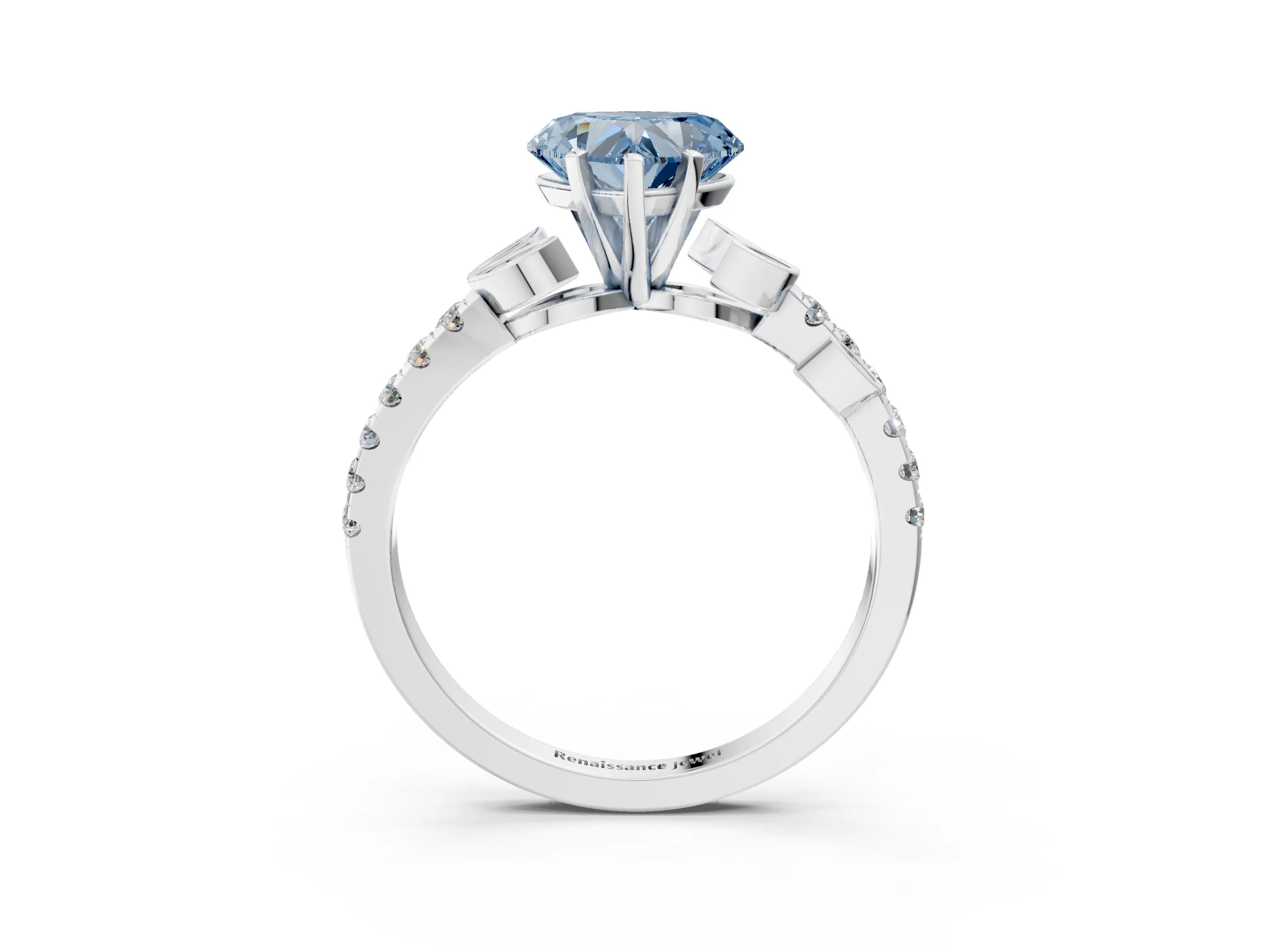 White gold Fancy Blue Heart Cut Solitaire Leaf-Inspired Diamond Ring with Pavé Band and Four-Prong Setting_15