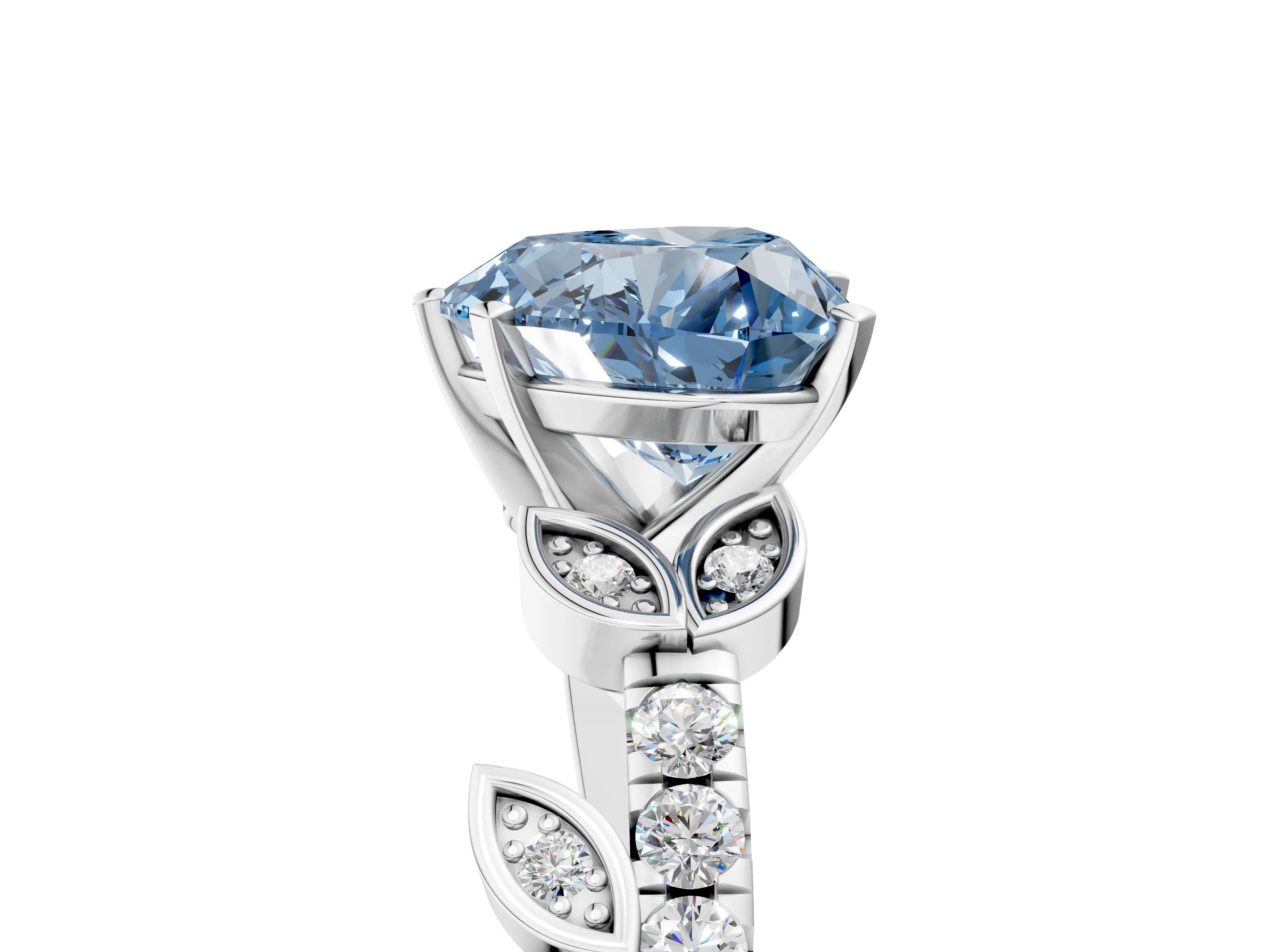 White gold Fancy Blue Heart Cut Solitaire Leaf-Inspired Diamond Ring with Pavé Band and Four-Prong Setting_17