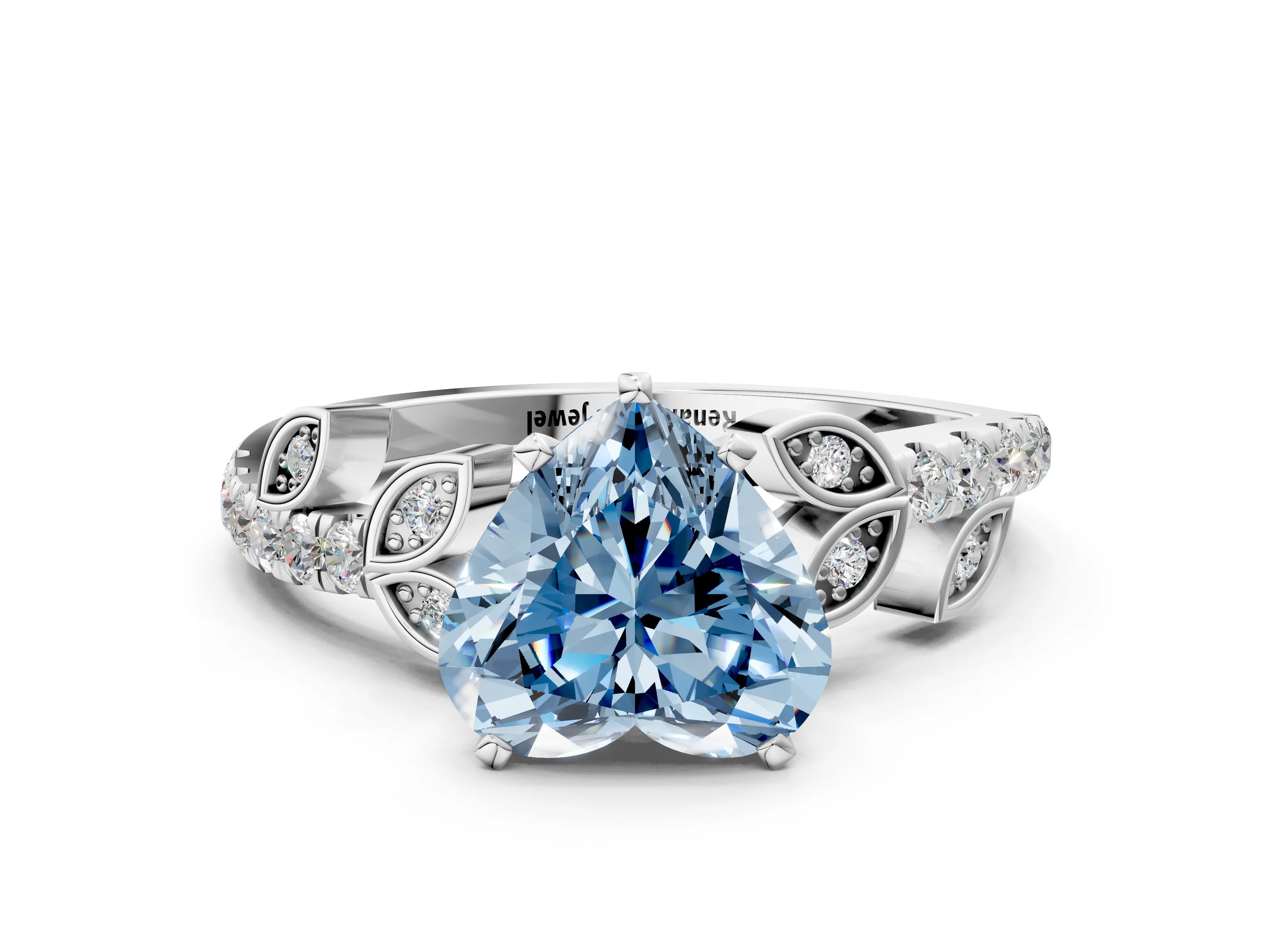 White gold Fancy Blue Heart Cut Solitaire Leaf-Inspired Diamond Ring with Pavé Band and Four-Prong Setting_24