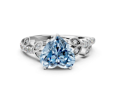 White gold Fancy Blue Heart Cut Solitaire Leaf-Inspired Diamond Ring with Pavé Band and Four-Prong Setting_24
