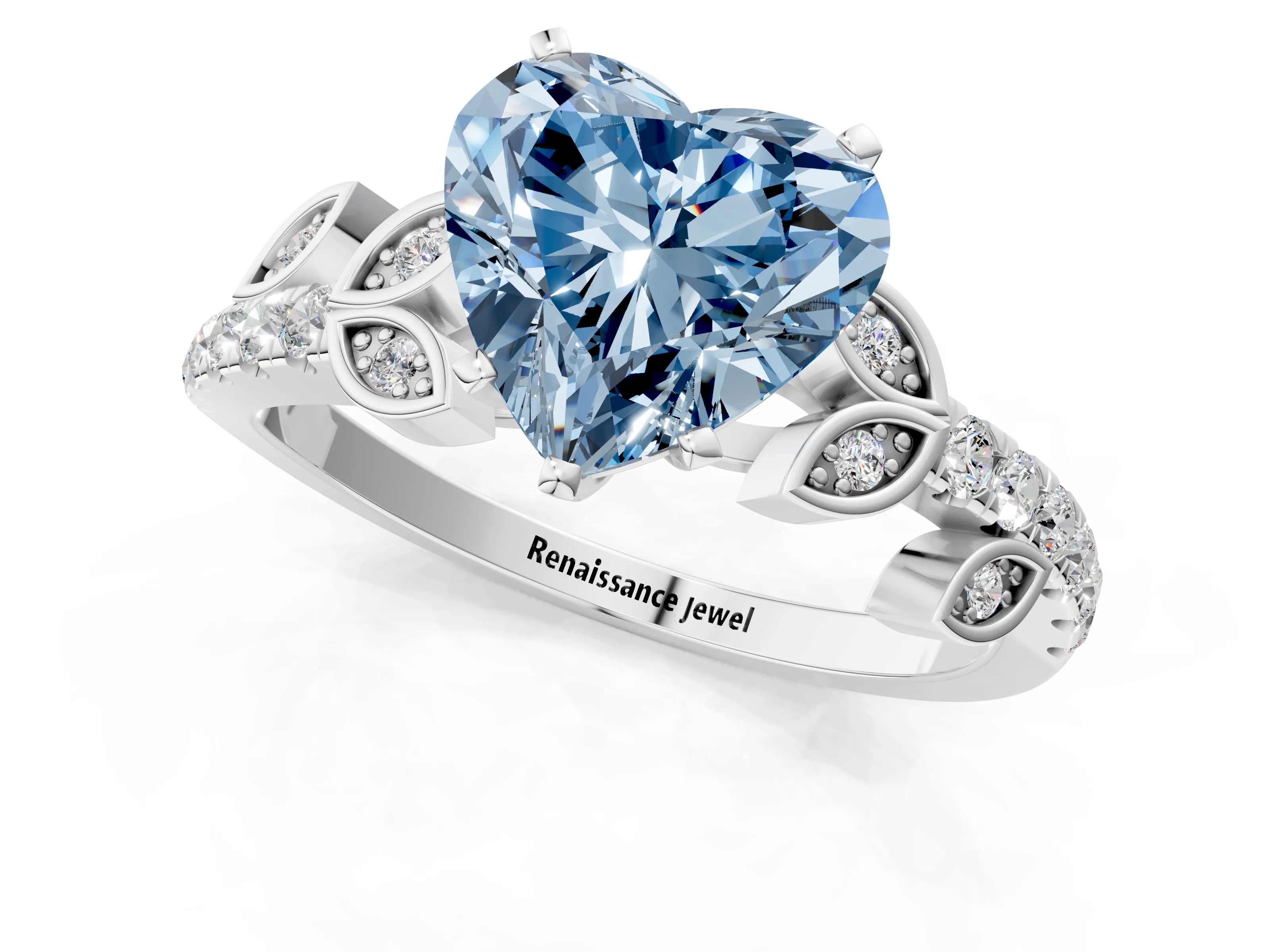 White gold Fancy Blue Heart Cut Solitaire Leaf-Inspired Diamond Ring with Pavé Band and Four-Prong Setting_25