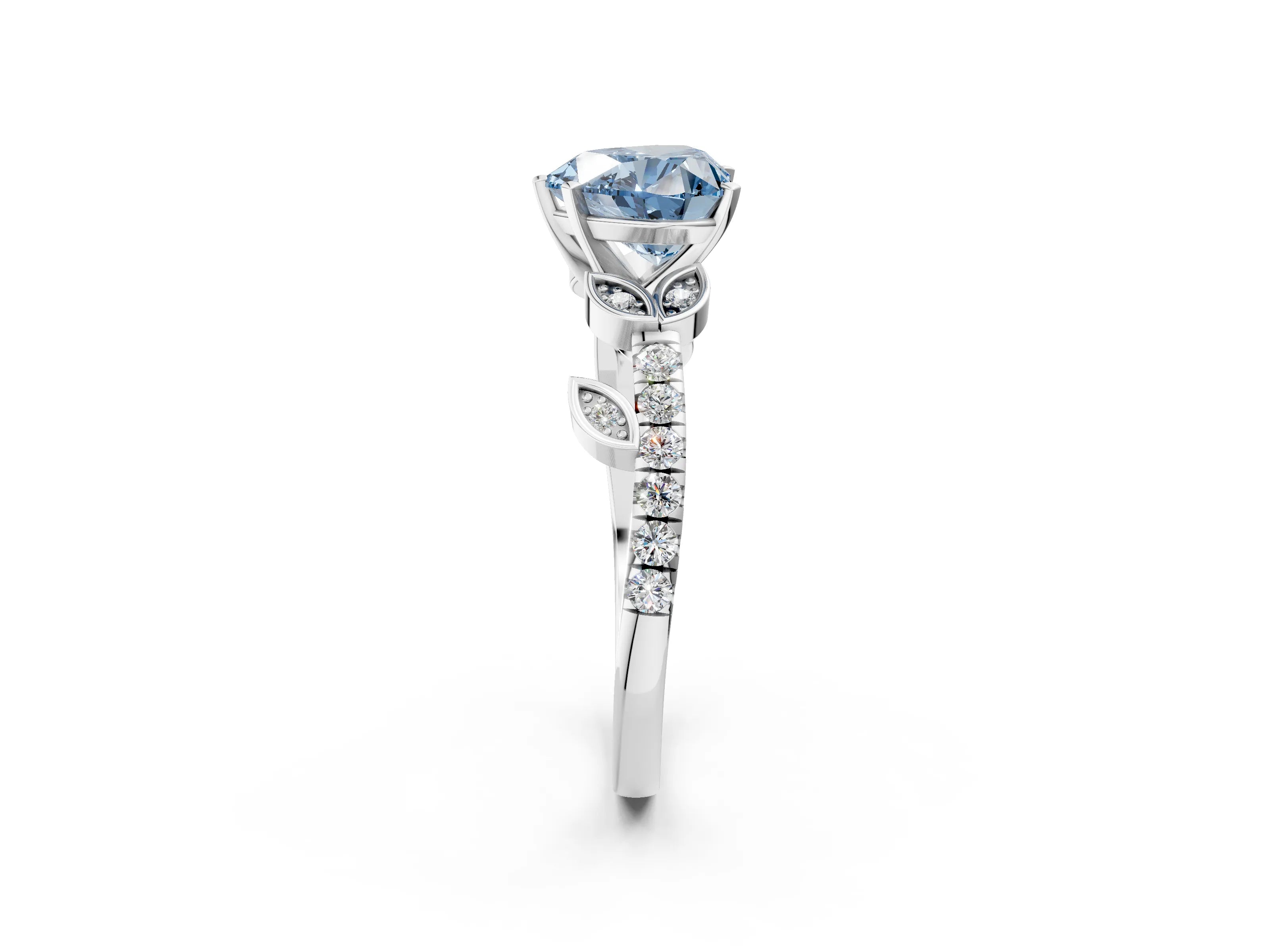 White gold Fancy Blue Heart Cut Solitaire Leaf-Inspired Diamond Ring with Pavé Band and Four-Prong Setting_26