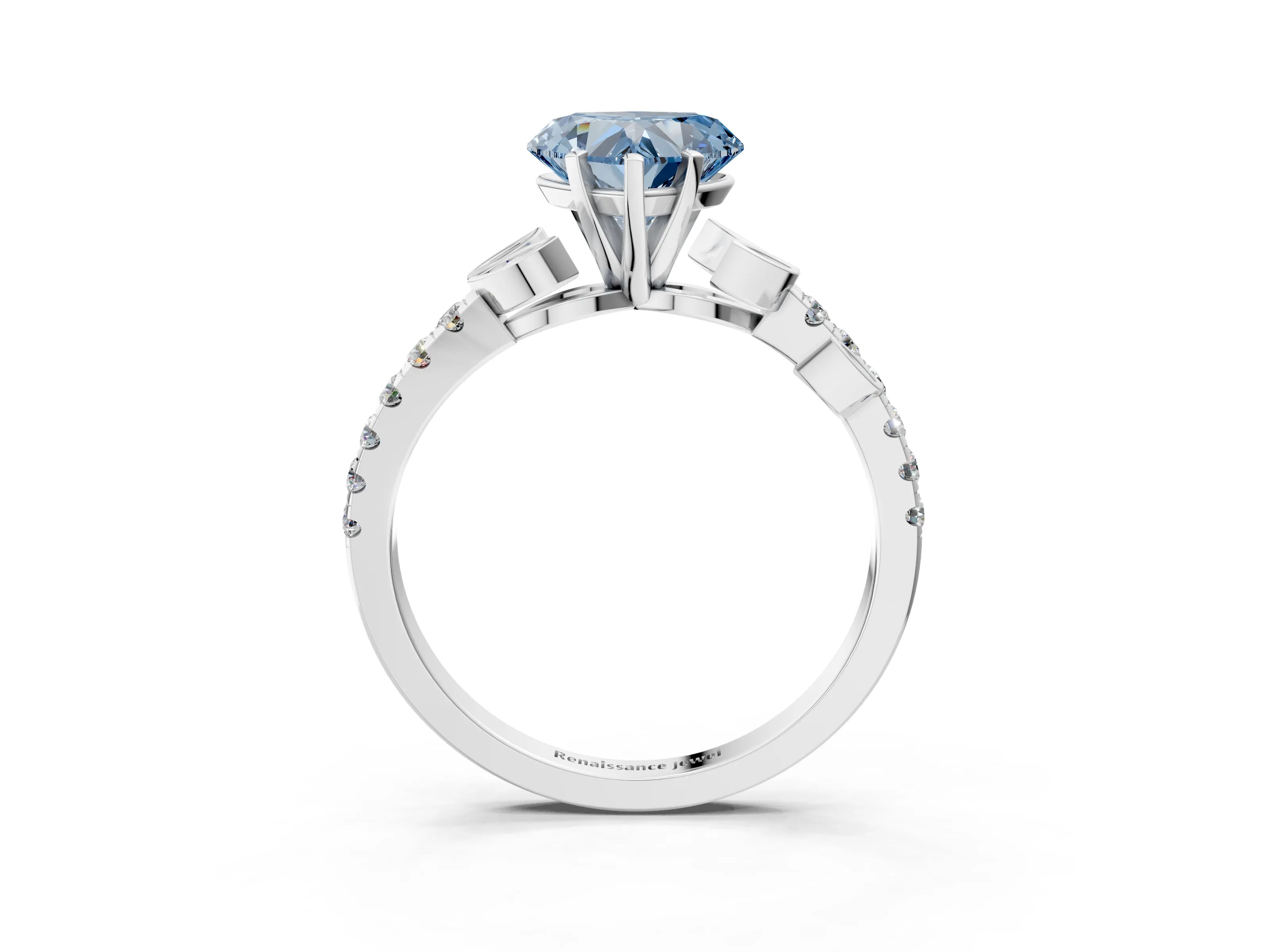 White gold Fancy Blue Heart Cut Solitaire Leaf-Inspired Diamond Ring with Pavé Band and Four-Prong Setting_27