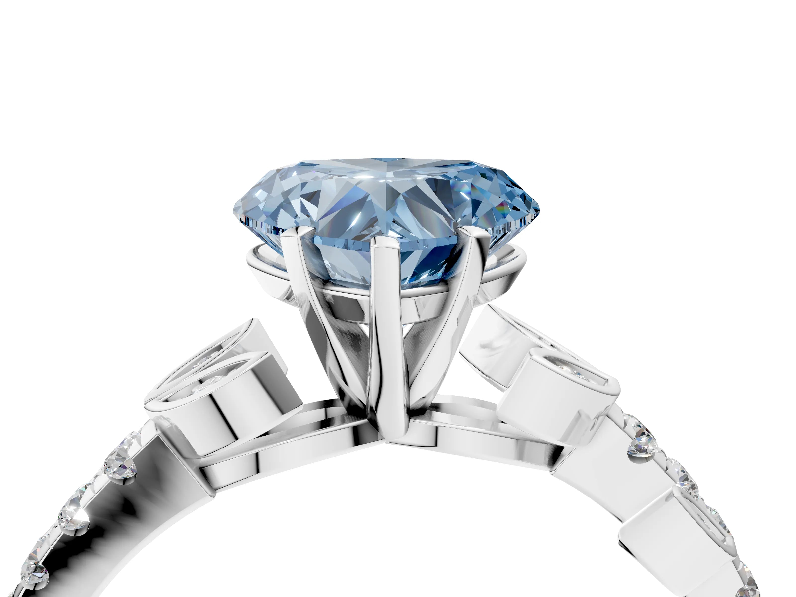 White gold Fancy Blue Heart Cut Solitaire Leaf-Inspired Diamond Ring with Pavé Band and Four-Prong Setting_28