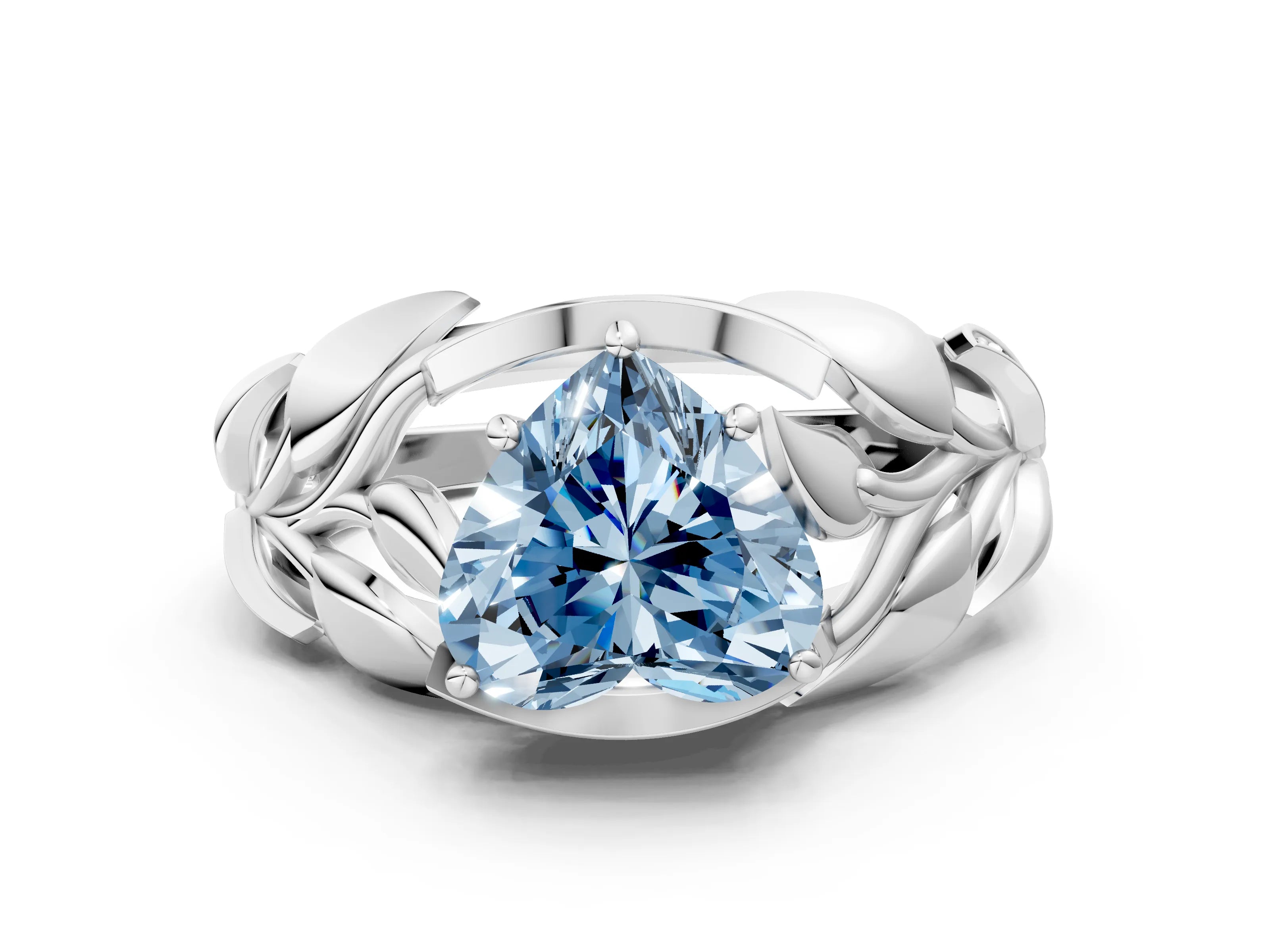 White gold Fancy Blue Heart Cut Solitaire Leaf-Inspired Engagement Ring with Prong Setting