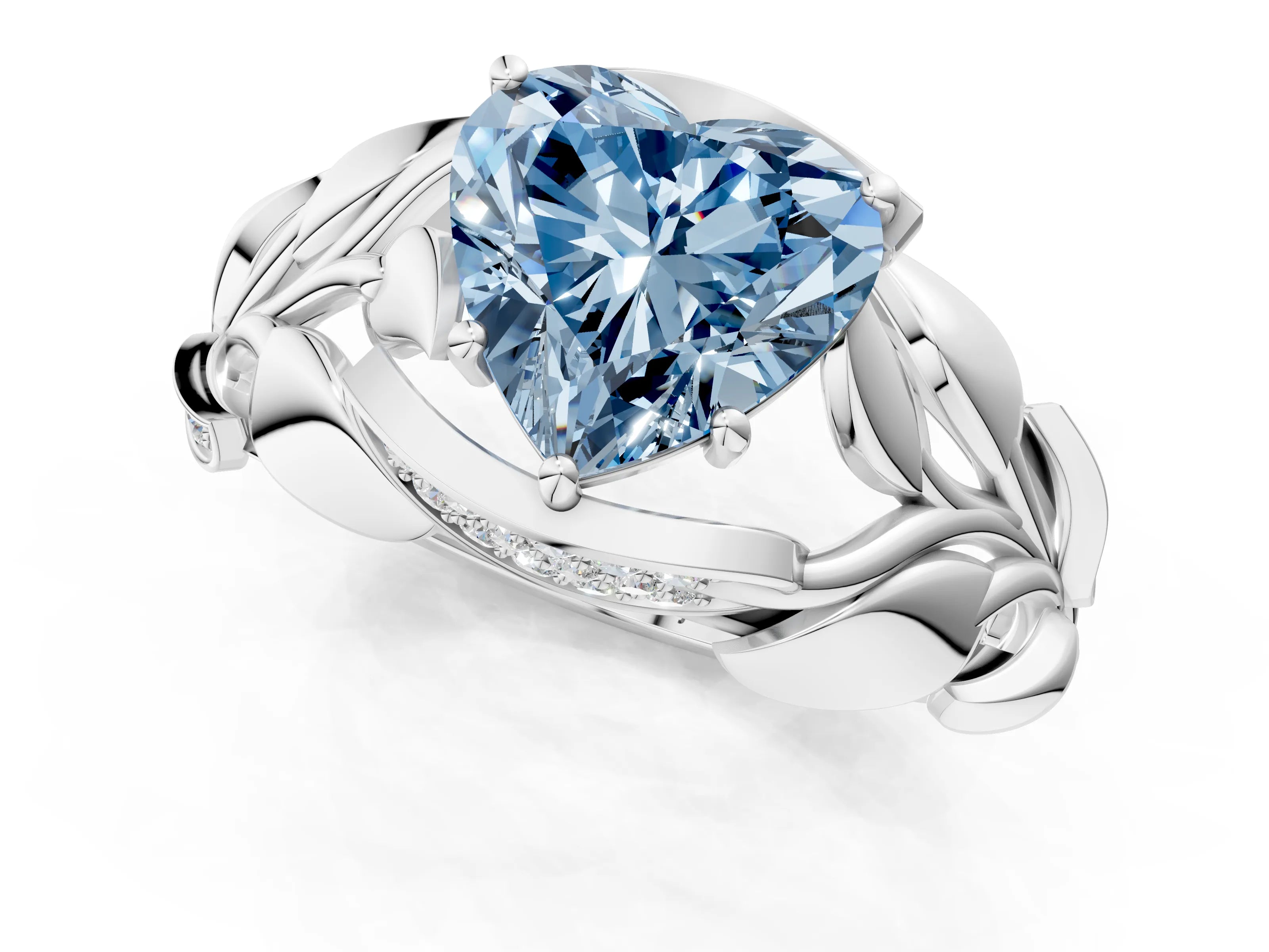 White gold Fancy Blue Heart Cut Solitaire Leaf-Inspired Engagement Ring with Prong Setting_1
