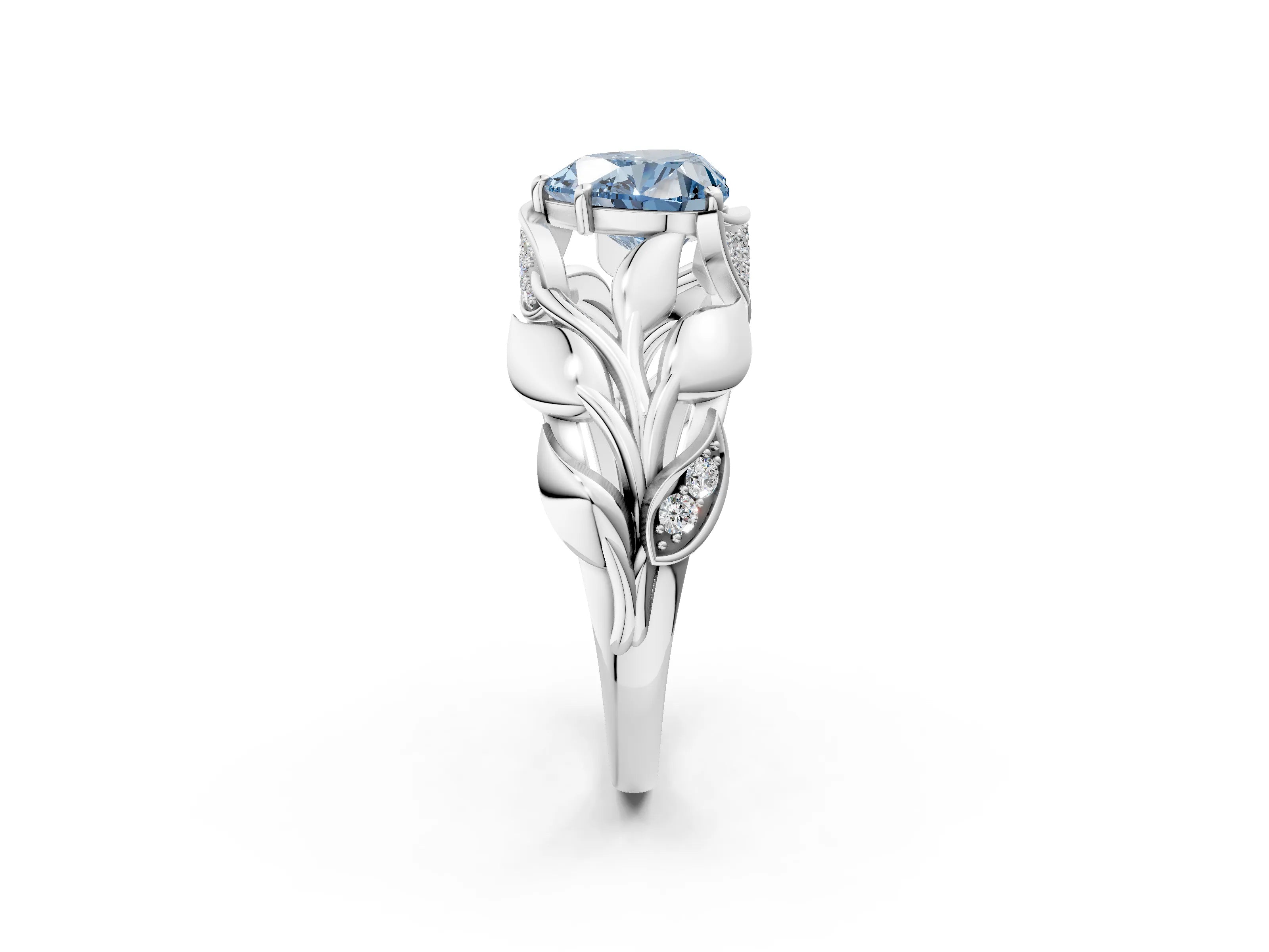 White gold Fancy Blue Heart Cut Solitaire Leaf-Inspired Engagement Ring with Prong Setting_2