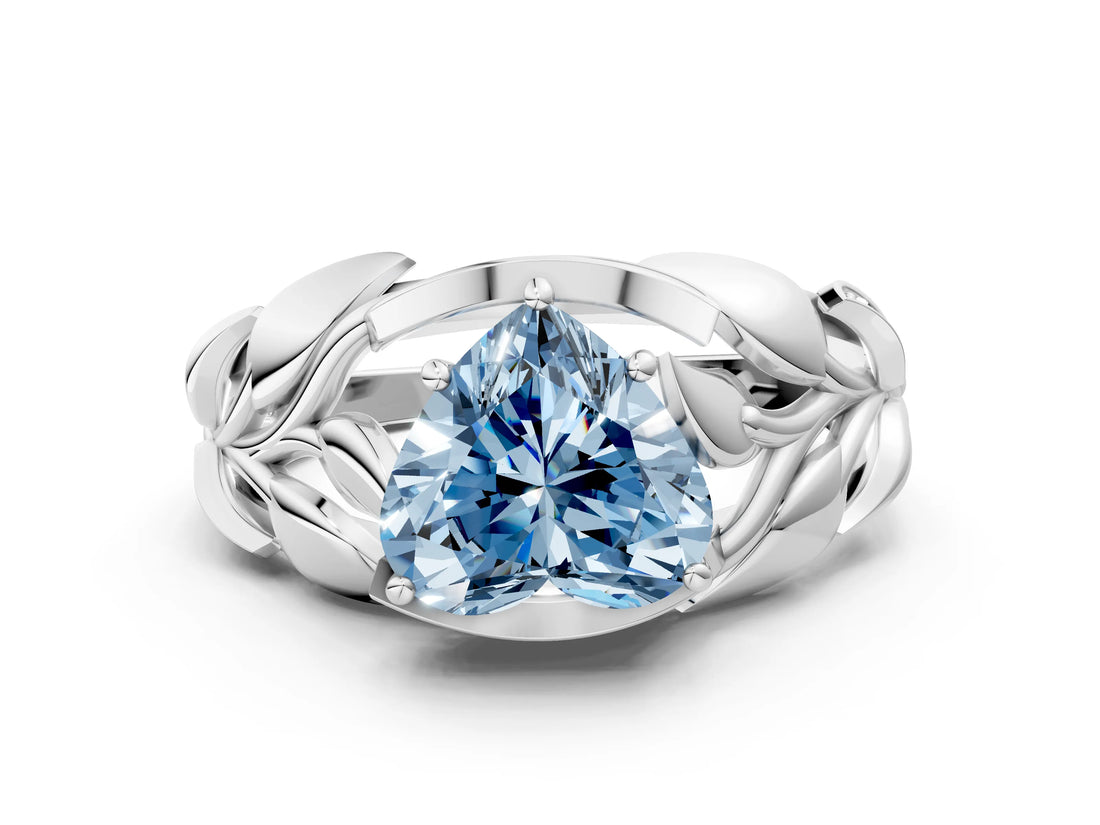 White gold Fancy Blue Heart Cut Solitaire Leaf-Inspired Engagement Ring with Prong Setting_24