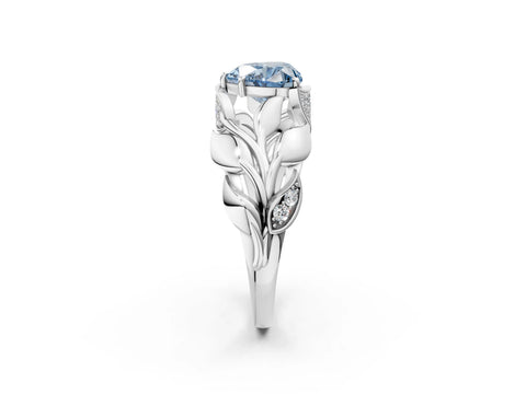 White gold Fancy Blue Heart Cut Solitaire Leaf-Inspired Engagement Ring with Prong Setting_2